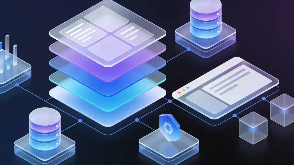 Estructura isométrica en 3D que representa una plataforma web moderna y modular desarrollada a la medida.