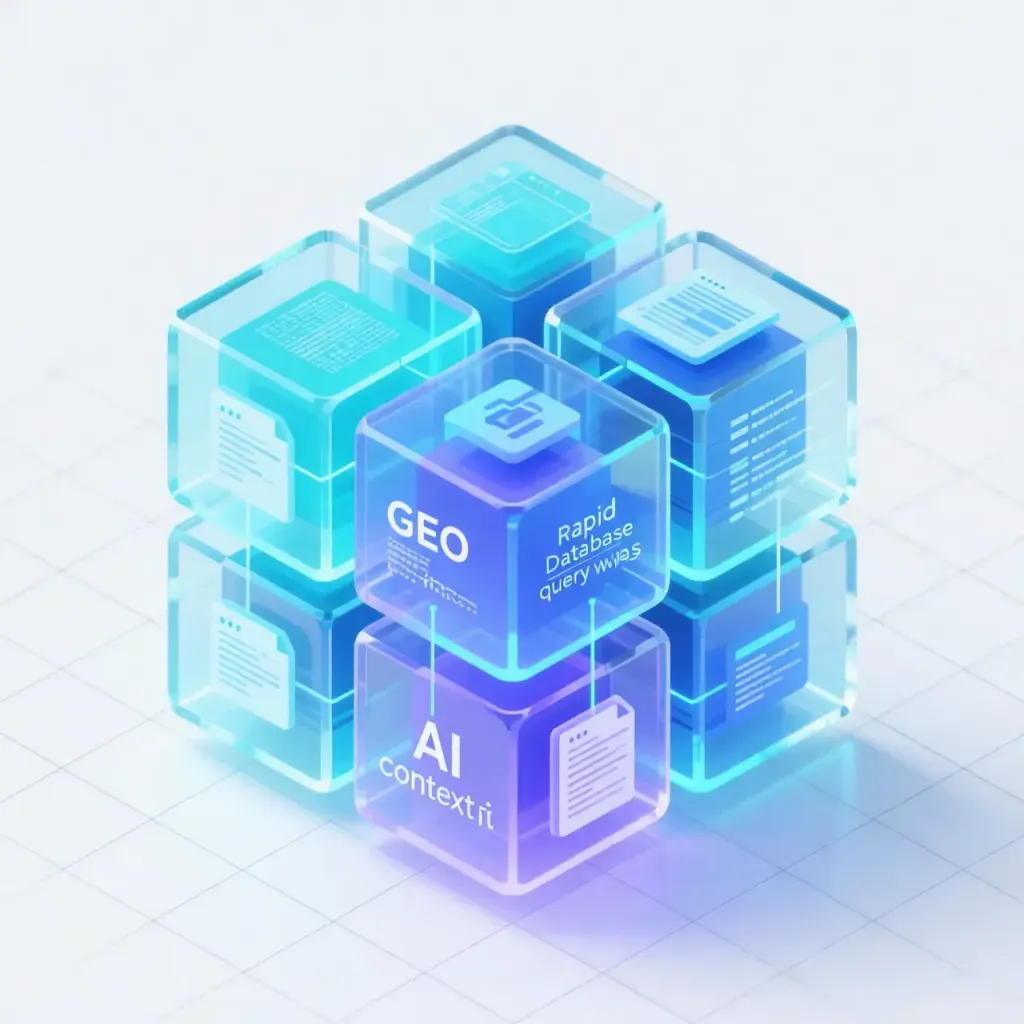 Estructura isométrica en 3D que representa una plataforma web a la medida optimizada para motores generativos de inteligencia artificial.