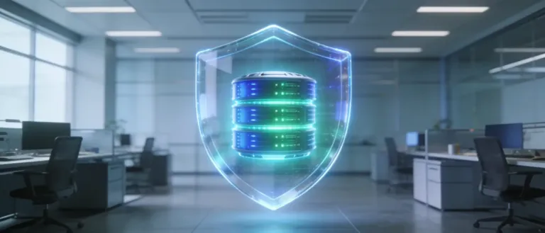 Escudo de seguridad digital holográfico protegiendo los datos confidenciales de una empresa atendida por inteligencia artificial