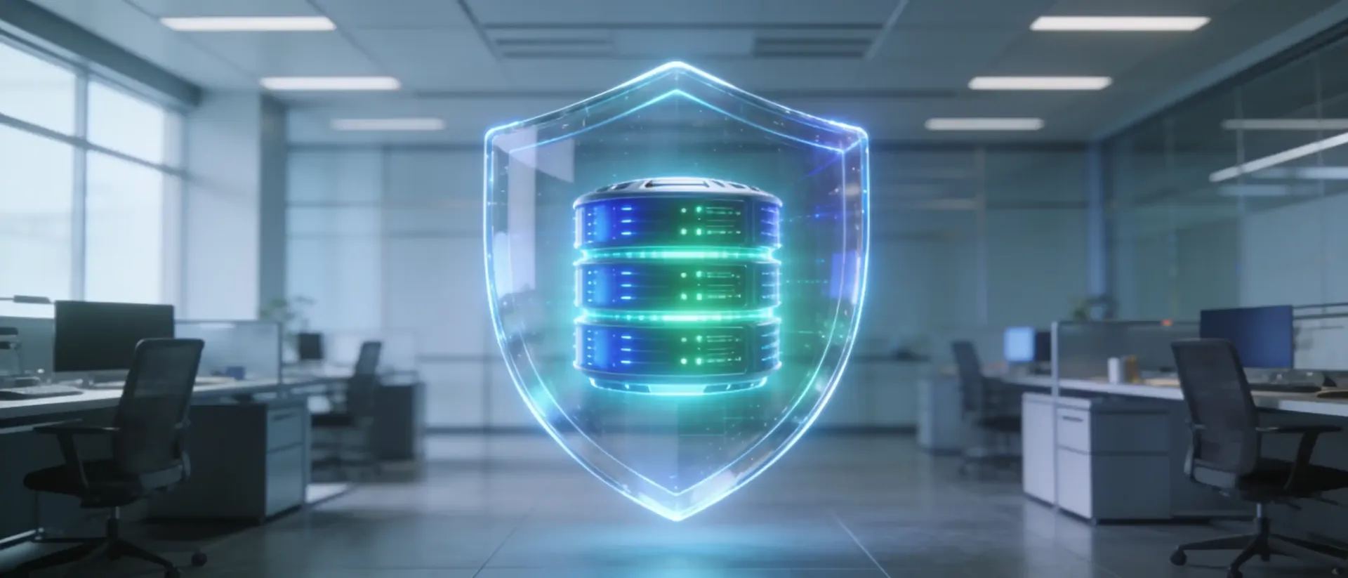 Escudo de seguridad digital holográfico protegiendo los datos confidenciales de una empresa atendida por inteligencia artificial