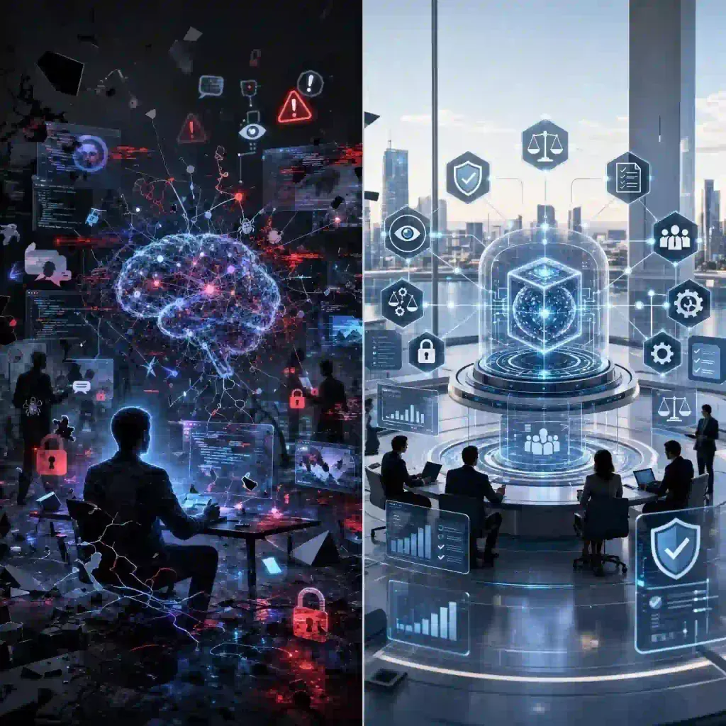 Comparativa conceptual en 3D entre el uso informal sin control de la IA y una arquitectura de gobernanza segura.