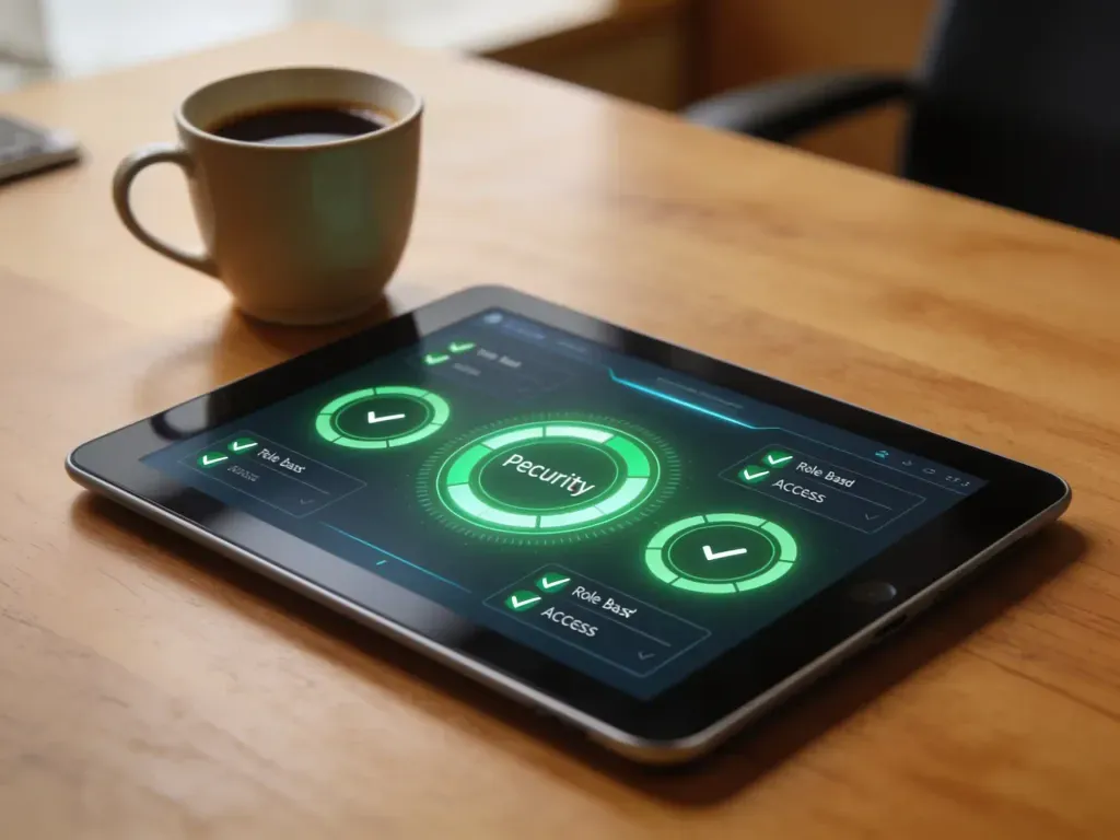 Tableta ejecutiva mostrando un panel de control de permisos y gobernanza para sistemas de inteligencia artificial.