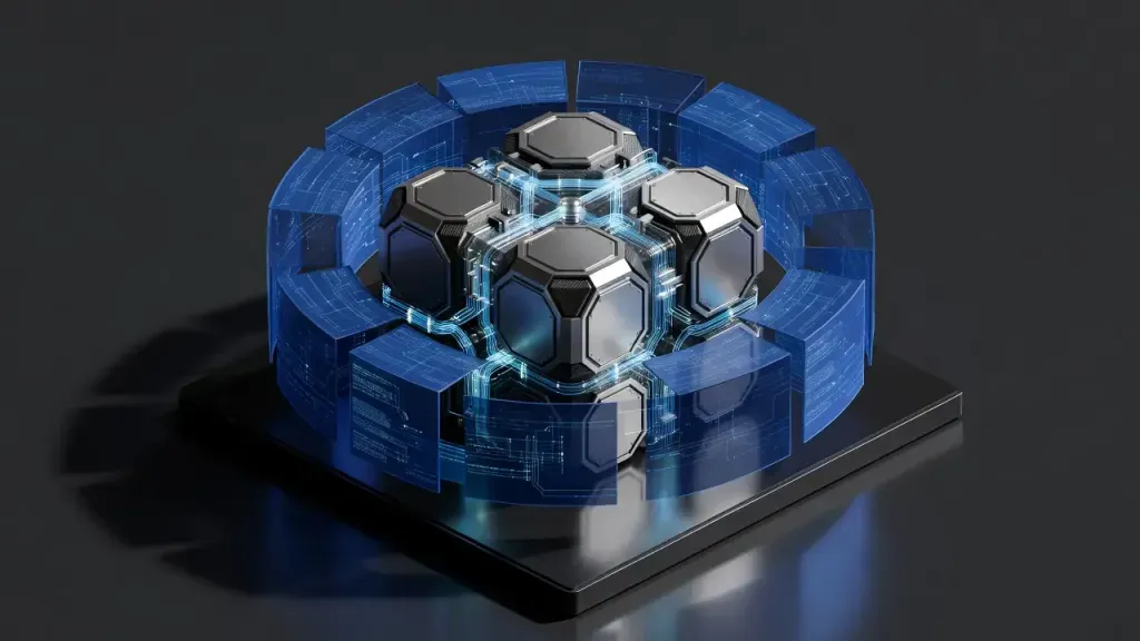 Estructura isométrica en 3D de una bóveda de datos y gobernanza desarrollada a la medida para empresas.
