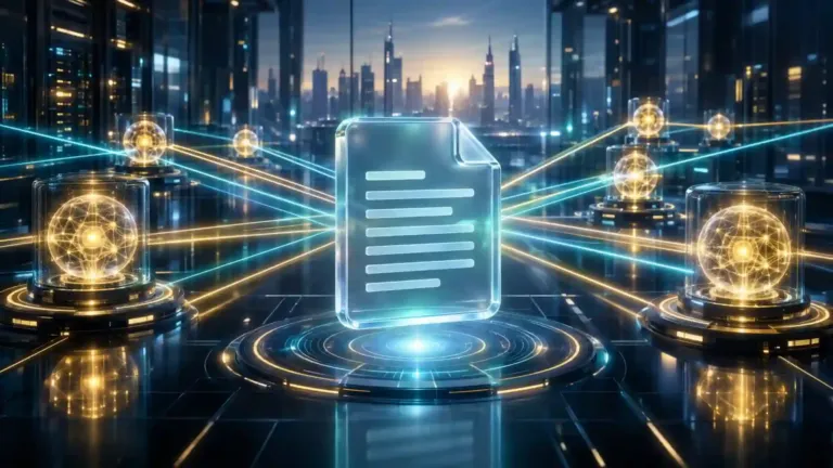 Representación digital del archivo llms.txt conectando el sitio web de una empresa con modelos de inteligencia artificial.