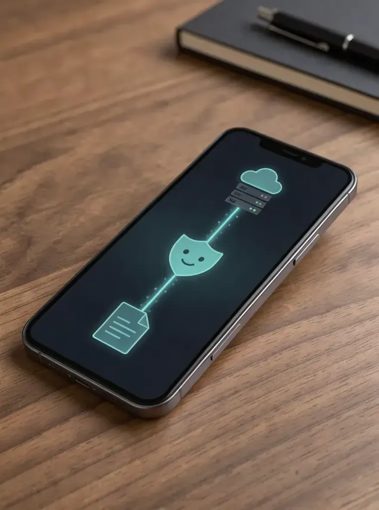 Pantalla de teléfono inteligente mostrando la conexión fluida entre un archivo de texto ligero y un servidor en la nube.